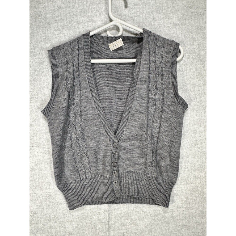 Vtg BRITISH VOGUE Sweater Vest No Size Tag Approx M/L V-Neck Button up Gray